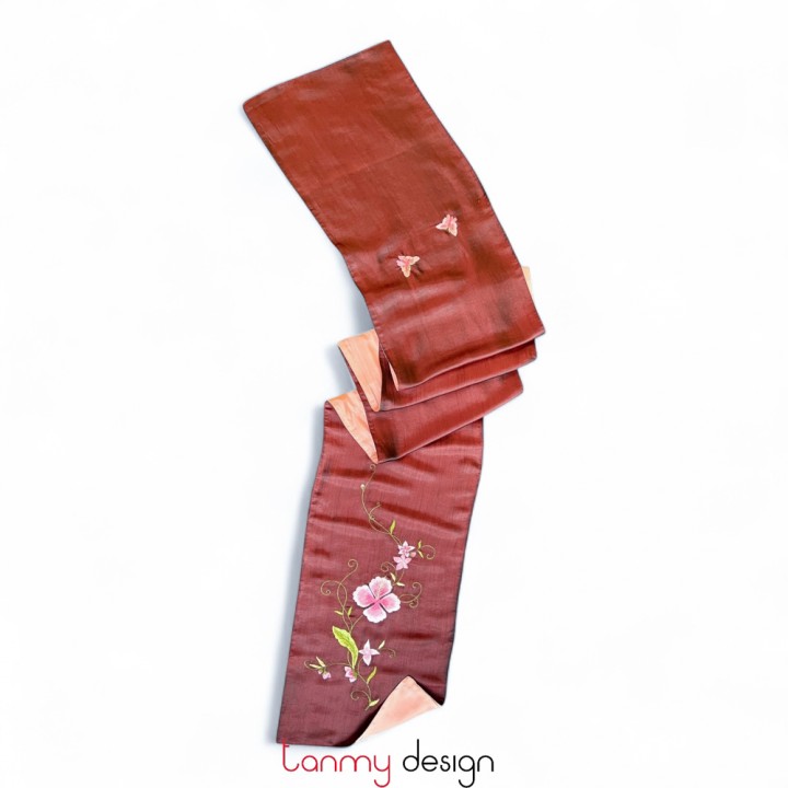 Khăn lụa 2 mặt nâu đỏ  thêu hoa dâm bụt leo 25*200 cm